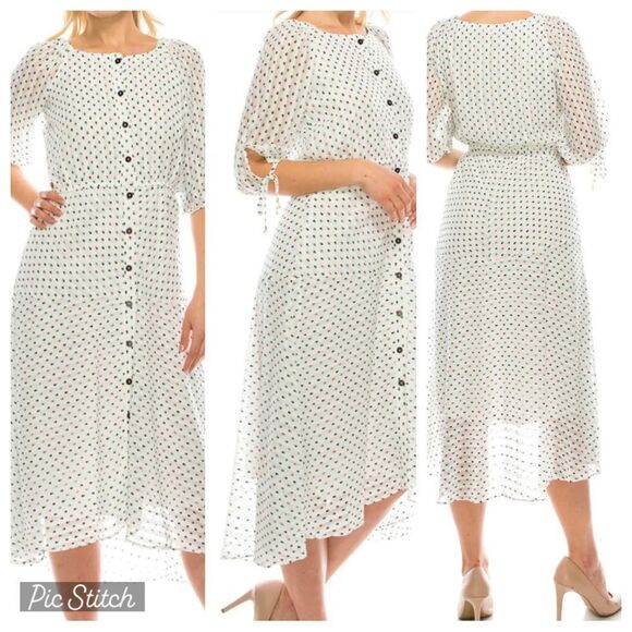 Maison Tara Wm’s Sz 4 White Blue Polka Dot Motif Jewel Neckline A Line Dress - Picture 2 of 7